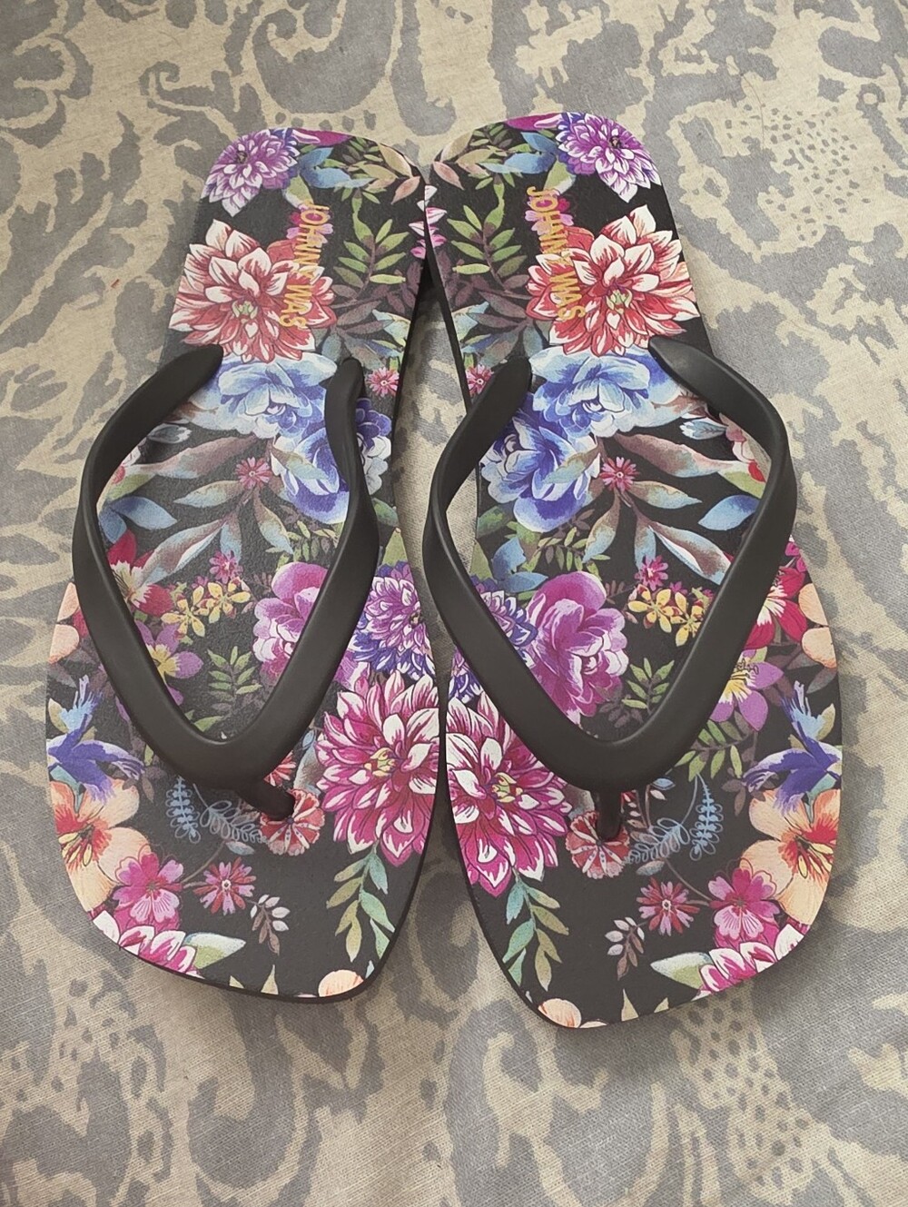 Johnny Was Black Floral Flip Flop Sandals. New With Tags